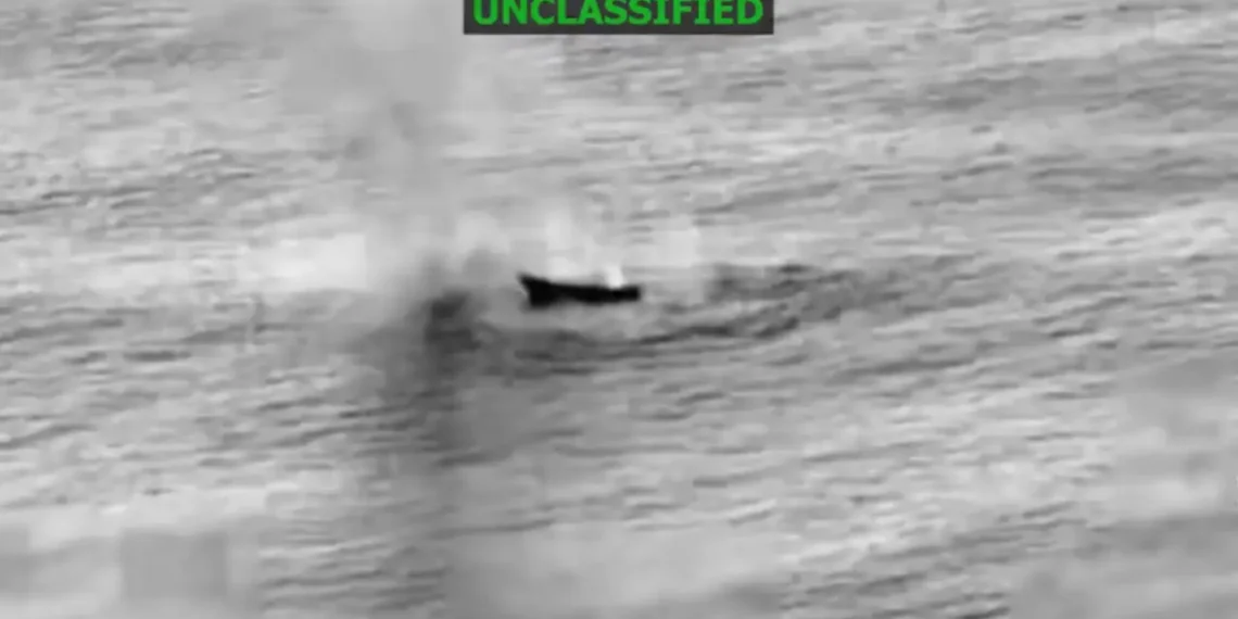 Unclassified aerial surveillance footage released by SOUTHCOM showing a vessel on open water in the Eastern Pacific on April 24.