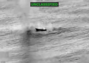 Unclassified aerial surveillance footage released by SOUTHCOM showing a vessel on open water in the Eastern Pacific on April 24.