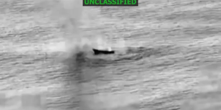Unclassified aerial surveillance footage released by SOUTHCOM showing a vessel on open water in the Eastern Pacific on April 24.