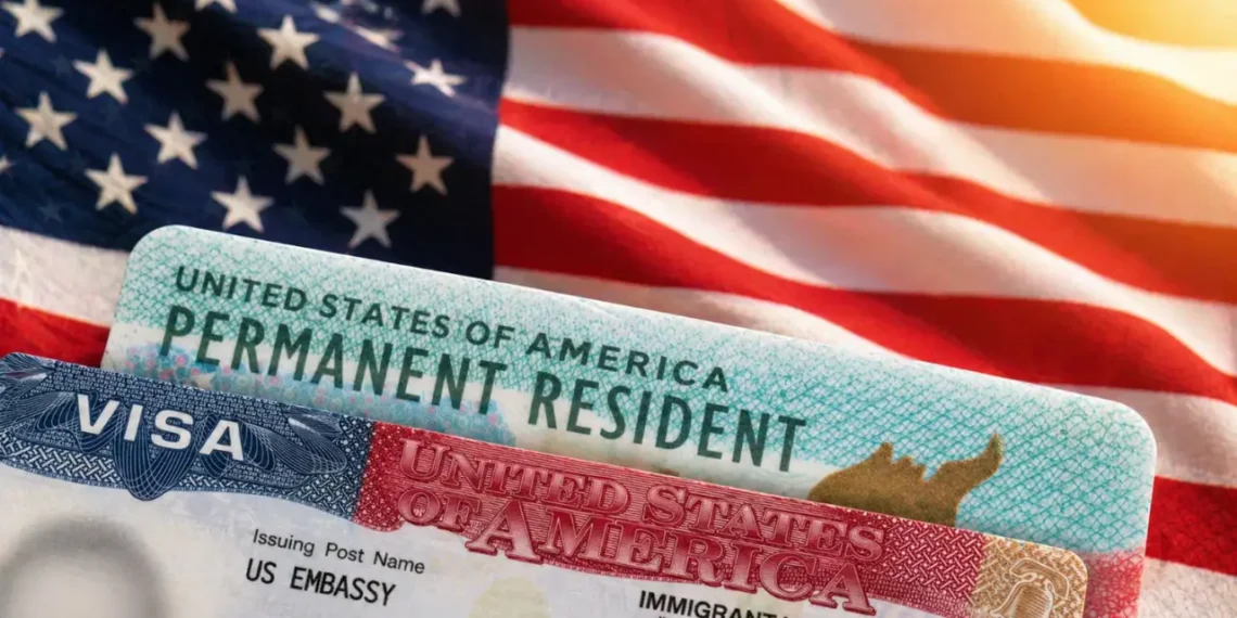 US Permanent Resident green card and immigrant visa documents on American flag background