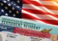 US Permanent Resident green card and immigrant visa documents on American flag background