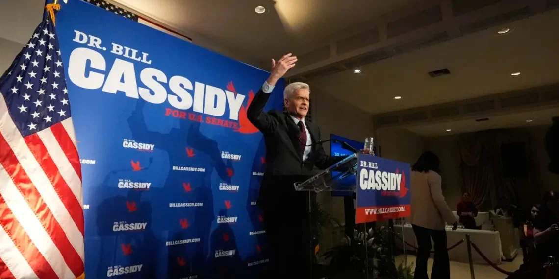 Louisiana Senator Bill Cassidy, a key member of the GOP YOLO caucus, speaks at a campaign event before losing his Republican primary to a Trump-backed challenger.