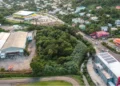 Aerial view of Bois d'Orange St Lucia where a fer-de-lance bite was reported on May 7 2026 showing dense tropical vegetation between commercial buildings and residential homes.