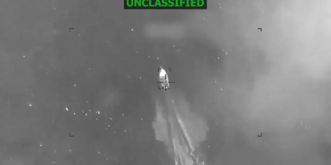 Infrared view of a vessel targeted during the Caribbean Narco Vessel Strike by U.S. forces on May 5