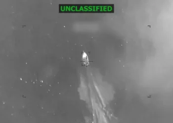 Infrared view of a vessel targeted during the Caribbean Narco Vessel Strike by U.S. forces on May 5