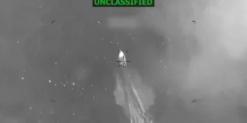 Infrared view of a vessel targeted during the Caribbean Narco Vessel Strike by U.S. forces on May 5