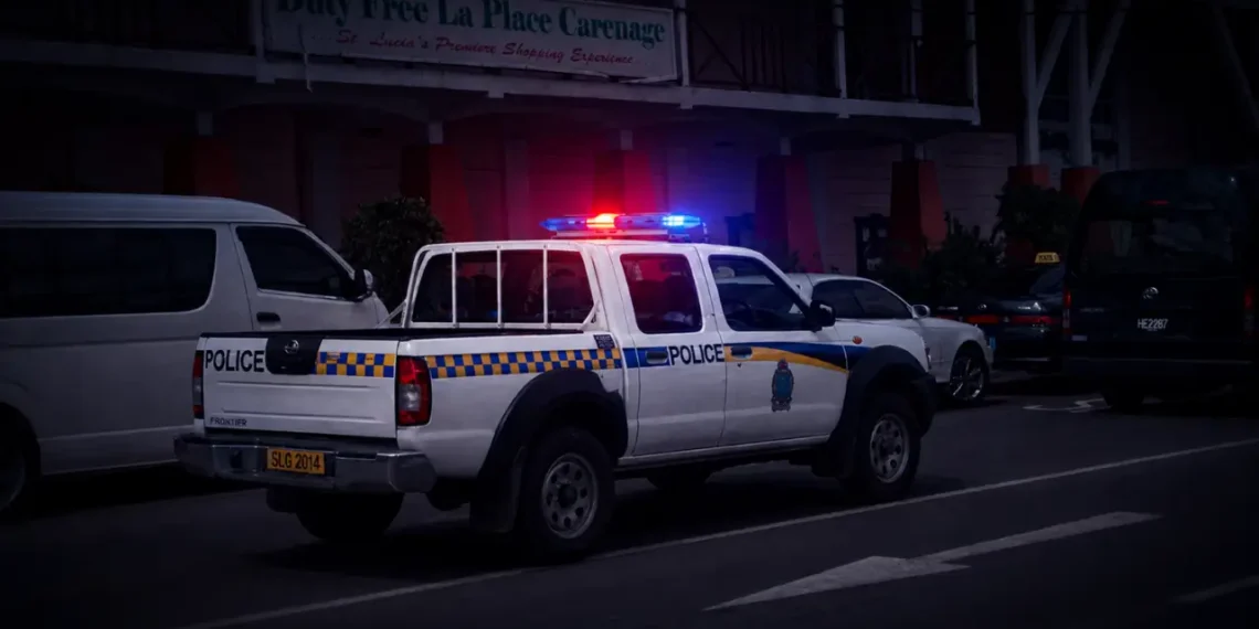 Royal St Lucia Police Force vehicle responding to a Castries parking lot shooting at night.