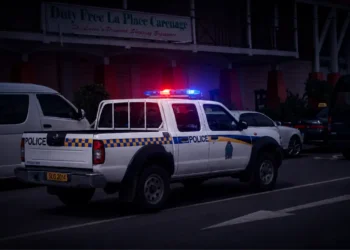 Royal St Lucia Police Force vehicle responding to a Castries parking lot shooting at night.