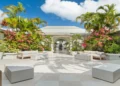 Open-air courtyard with tropical landscaping at Spice Island Beach Resort on Grand Anse Beach, Grenada.