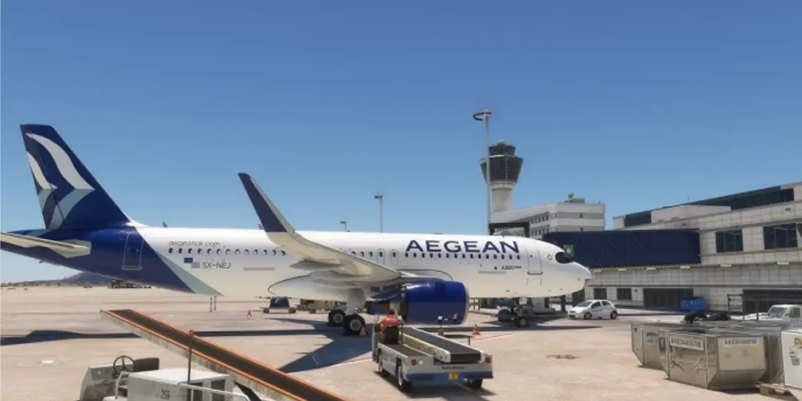 Aegean Airlines Dubai flights suspended as an A320neo sits grounded at Athens International Airport tarmac, August 2026.