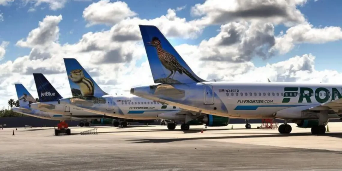 JetBlue aircraft between two Frontier Airlines aircraft on tarmac as ULCC collapse fears mount.