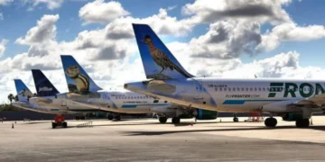 JetBlue aircraft between two Frontier Airlines aircraft on tarmac as ULCC collapse fears mount.
