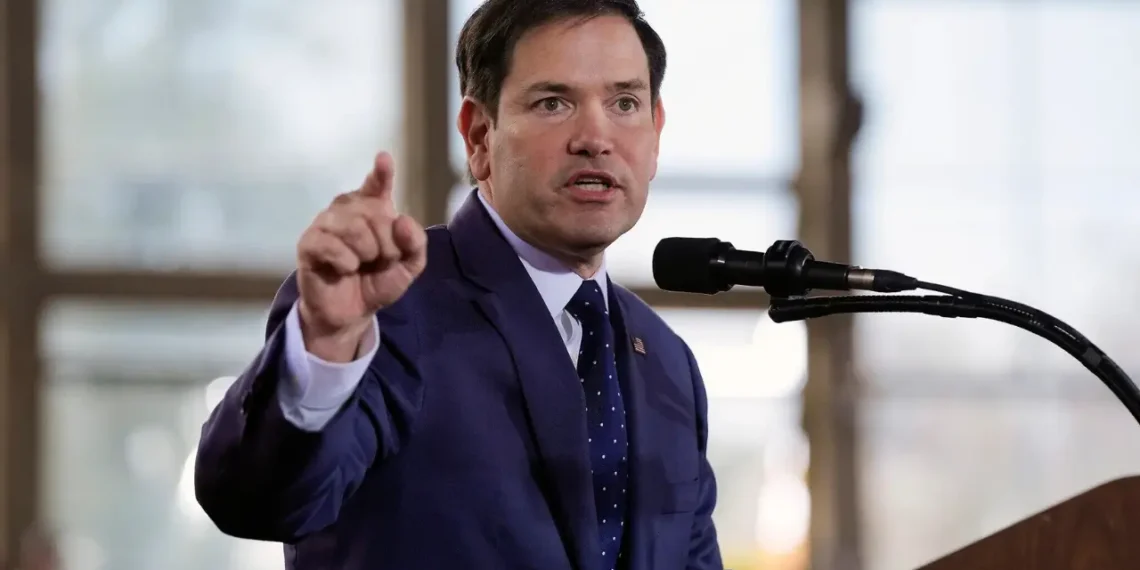Secretary of State Marco Rubio gestures at a podium during a public address, days before announcing sweeping Cuba sanctions targeting GAESA and senior regime figures.