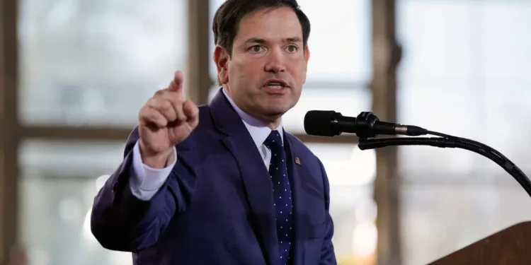 Secretary of State Marco Rubio gestures at a podium during a public address, days before announcing sweeping Cuba sanctions targeting GAESA and senior regime figures.