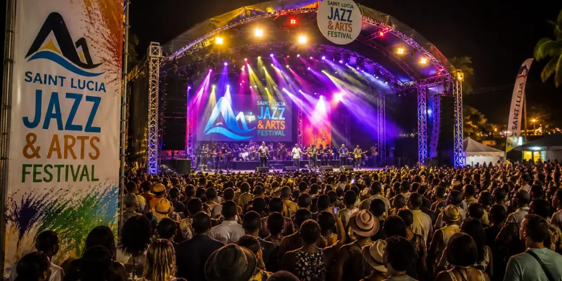 Large crowd at the Saint Lucia Jazz Festival main stage at night with colorful stage lighting and official festival branding visible.