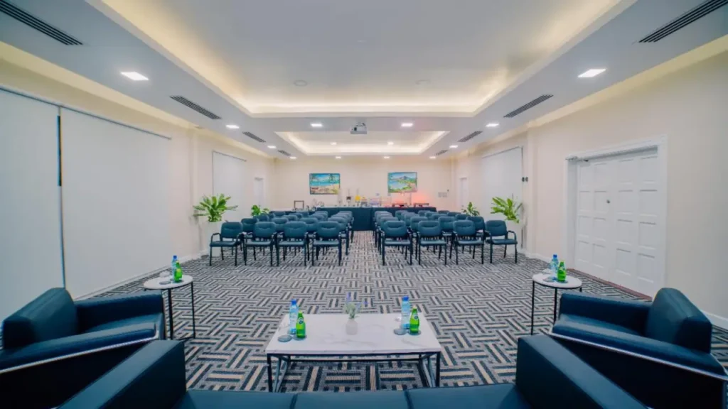Theater-style seating in the St Andrew's Meeting Room at Spice Island Beach Resort, Grenada, configured for executive sessions.