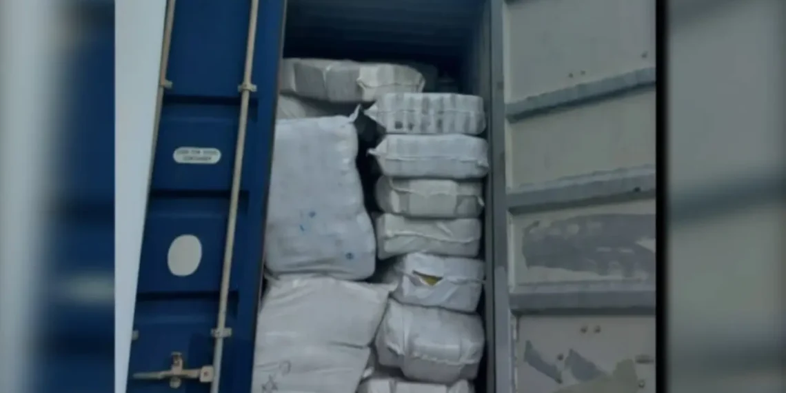 Drug Seizure Turns Cold as open shipping container is seen packed with wrapped bundles in St Lucia