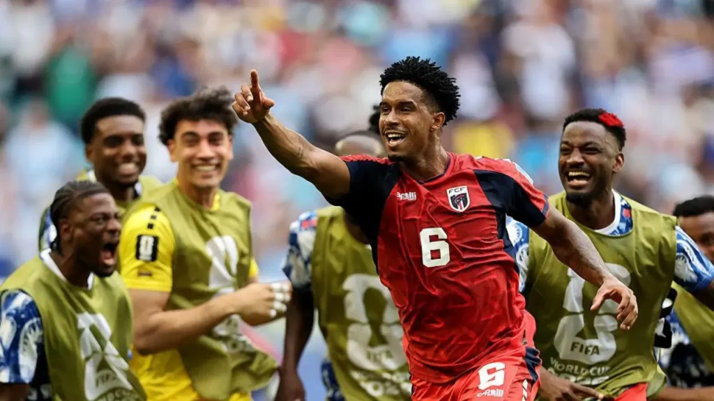 Cabo Verde number 6 celebrates with teammates after scoring against Uruguay at the FIFA World Cup 2026 in Miami Gardens
