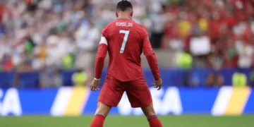 Ronaldo World Cup Record night — Cristiano Ronaldo number 7 stands on the pitch for Portugal against Uzbekistan at the 2026 FIFA World Cup in Houston