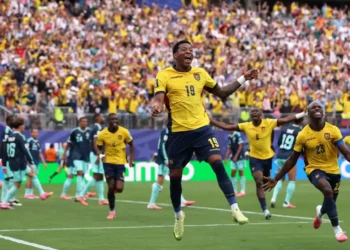 Ecuador upsets Germany as players celebrate a goal during the FIFA World Cup 2026 Group E match at New York New Jersey Stadium