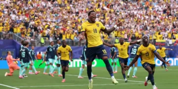 Ecuador upsets Germany as players celebrate a goal during the FIFA World Cup 2026 Group E match at New York New Jersey Stadium