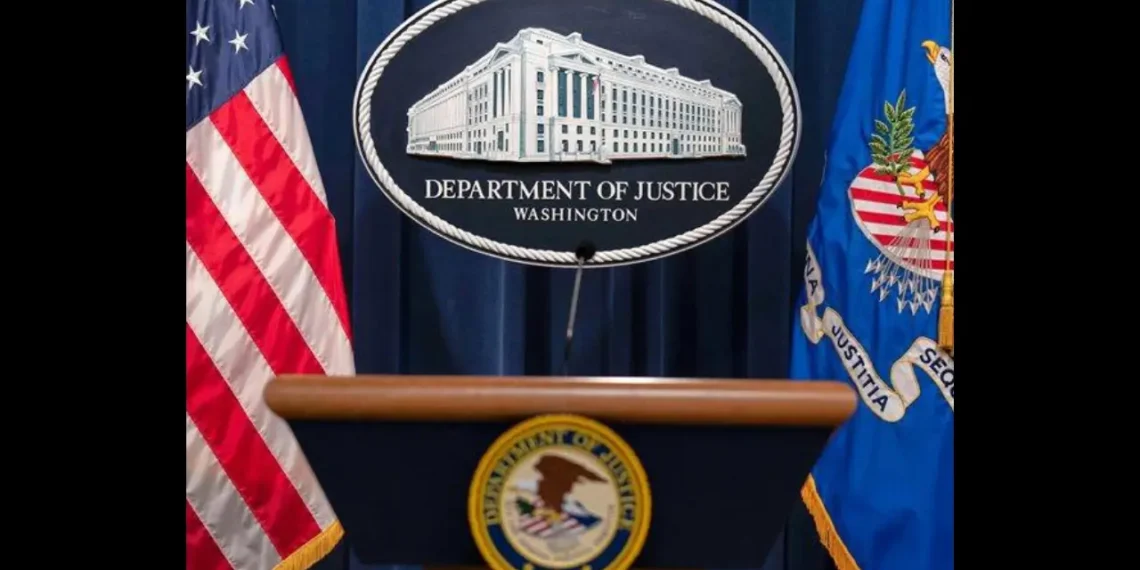 Department of Justice podium during announcement of the Health Care Fraud Takedown that charged 455 defendants in alleged $6.5 billion fraud schemes.