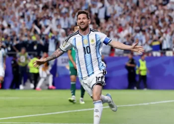 Messi Breaks World Cup Record as Lionel Messi celebrates during Argentina's match against Austria at World Cup 2026.