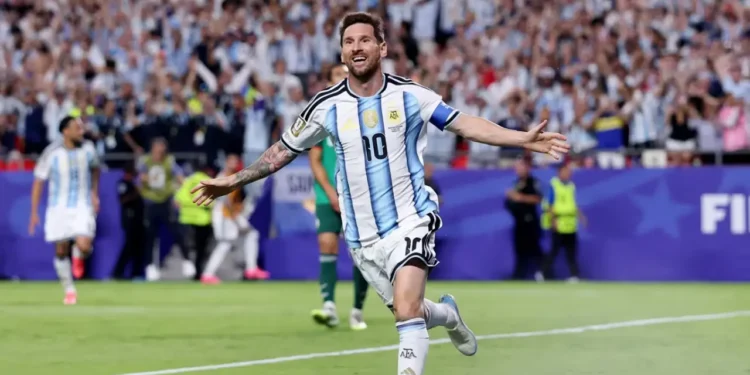 Messi Breaks World Cup Record as Lionel Messi celebrates during Argentina's match against Austria at World Cup 2026.