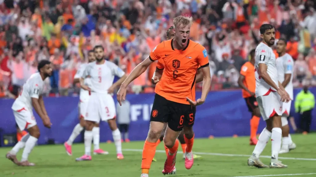  A Netherlands player celebrates a goal against Tunisia during the FIFA World Cup 2026 Group F match