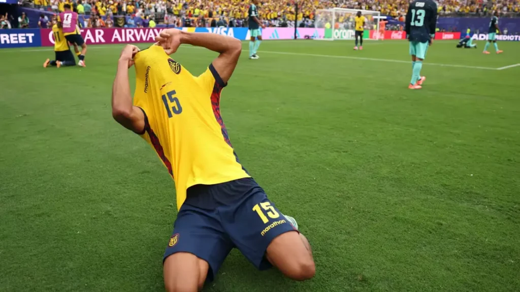 Ecuador upsets Germany as Nilson Angulo celebrates his equalizer on his knees at the FIFA World Cup 2026 Group E match