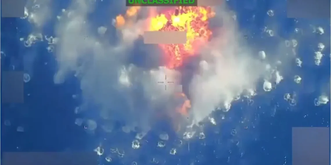 Unclassified aerial image shows a vessel ablaze after an Operation Southern Spear Strike in the Eastern Pacific, according to SOUTHCOM.