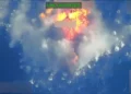 Unclassified aerial image shows a vessel ablaze after an Operation Southern Spear Strike in the Eastern Pacific, according to SOUTHCOM.