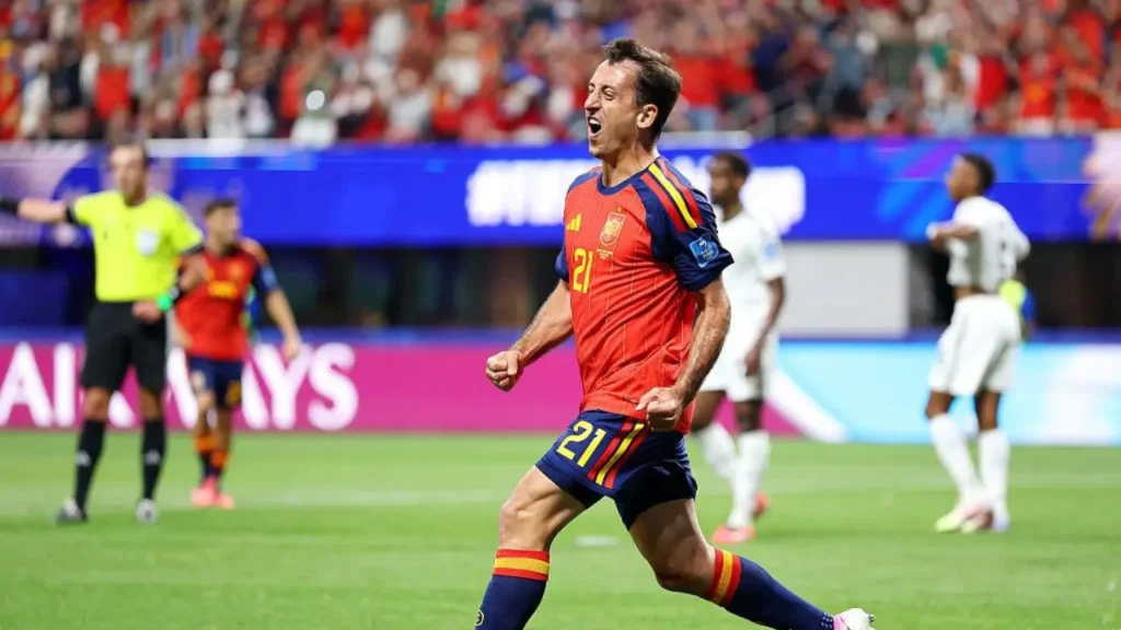 Spain number 21 Mikel Oyarzabal celebrates after scoring against Saudi Arabia at the FIFA World Cup 2026 in Atlanta