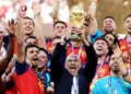Spain celebrates with the FIFA World Cup trophy after winning the 2026 FIFA World Cup Final against Argentina.