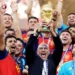 Spain celebrates with the FIFA World Cup trophy after winning the 2026 FIFA World Cup Final against Argentina.