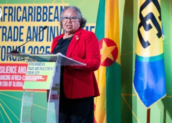 Dr Carla Barnett, whose CARICOM Secretary-General reappointment was referred to the CCJ, speaks at a podium