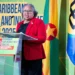 Dr Carla Barnett, whose CARICOM Secretary-General reappointment was referred to the CCJ, speaks at a podium