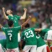 Mexico players celebrate their World Cup knockout drought win over Ecuador at Estadio Azteca.