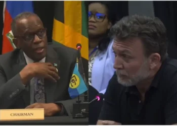 Split image of Prime Minister Philip J. Pierre seated at a CARICOM chairman's desk and Al Jazeera correspondent Josh Rushing speaking at a microphone.