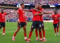 England players celebrate after a 2-0 victory over Panama during the World Cup group stage on June 27, 2026.