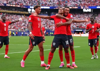 England players celebrate after a 2-0 victory over Panama during the World Cup group stage on June 27, 2026.