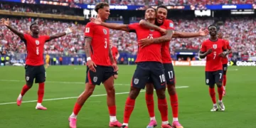 England players celebrate after a 2-0 victory over Panama during the World Cup group stage on June 27, 2026.
