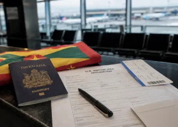 Grenada US visa bond illustration with passport, visa application and boarding pass