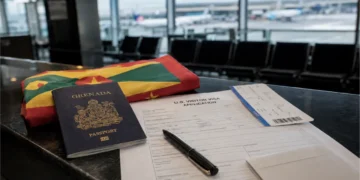 Grenada US visa bond illustration with passport, visa application and boarding pass
