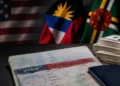 US visa bond program image showing a US visa, passport, cash and Caribbean flags.