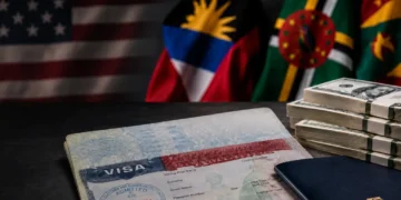 US visa bond program image showing a US visa, passport, cash and Caribbean flags.