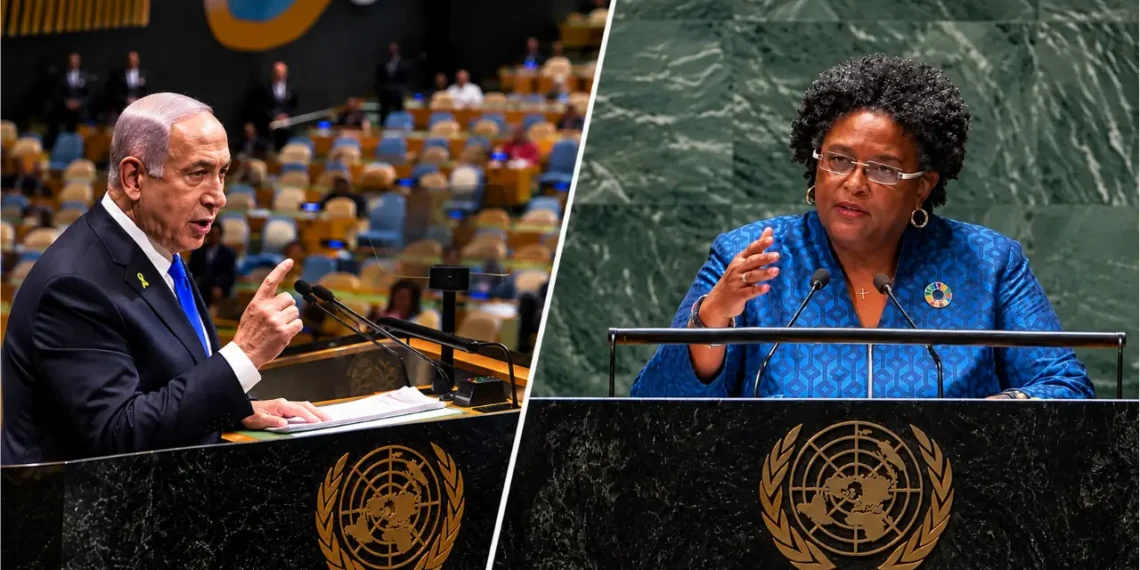 Mia Mottley and Benjamin Netanyahu pictured at separate UN General Assembly podiums amid the UN Walkout dispute