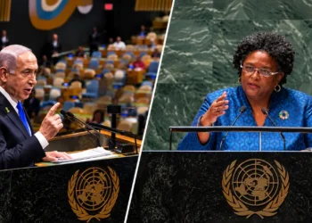 Mia Mottley and Benjamin Netanyahu pictured at separate UN General Assembly podiums amid the UN Walkout dispute