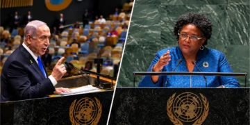 Mia Mottley and Benjamin Netanyahu pictured at separate UN General Assembly podiums amid the UN Walkout dispute