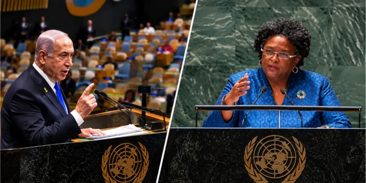 Mia Mottley and Benjamin Netanyahu pictured at separate UN General Assembly podiums amid the UN Walkout dispute